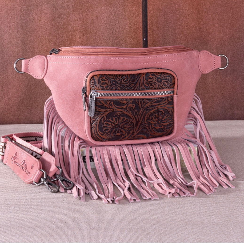 Pink fringe tooled fanny pack