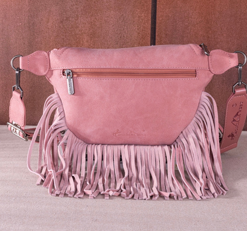 Pink fringe tooled fanny pack