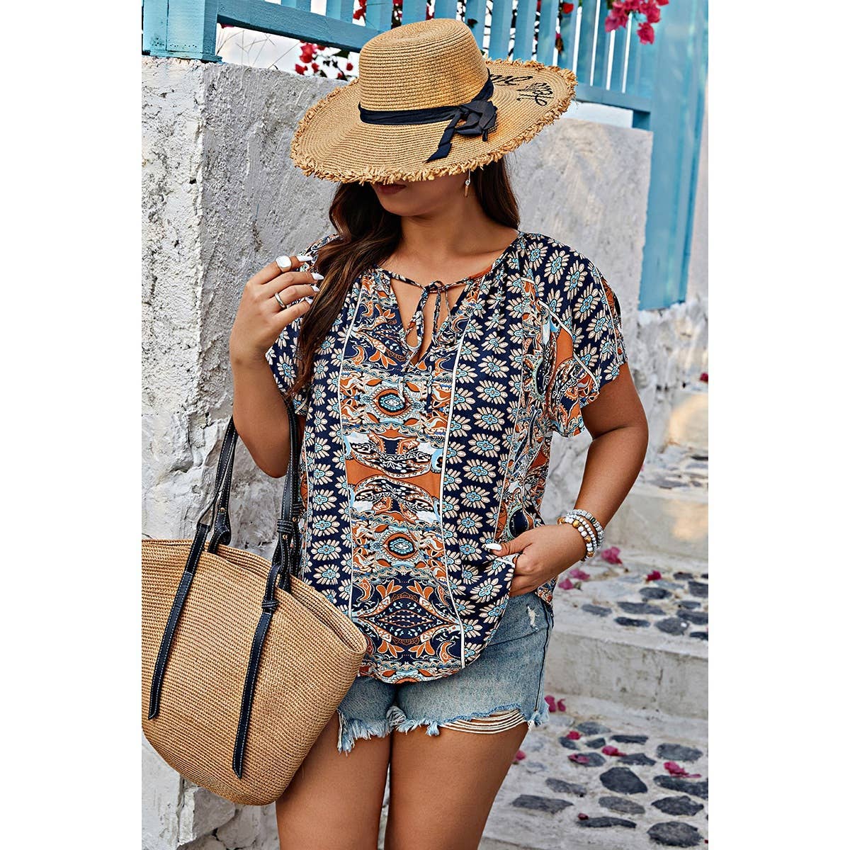 Plus Size Allover Printed Tie Front Short Sleeve Blouse: Navy / 0XL