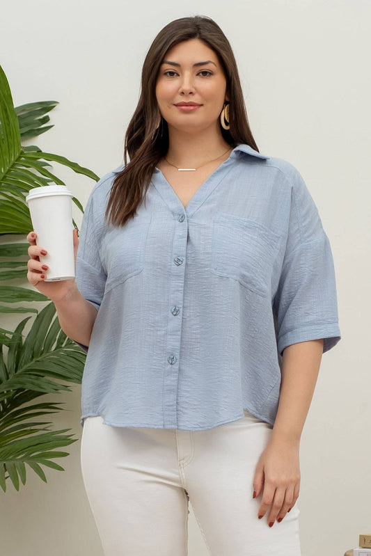 PLUS GAUZE SHORT SLEEVE BUTTON DOWN SHIRT: BLUE