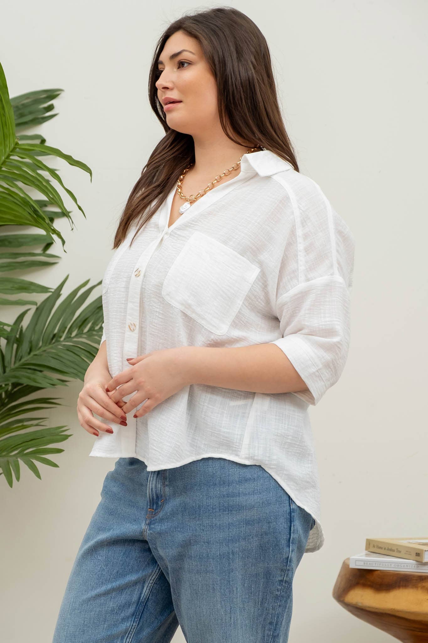 PLUS GAUZE SHORT SLEEVE BUTTON DOWN SHIRT: BLUE