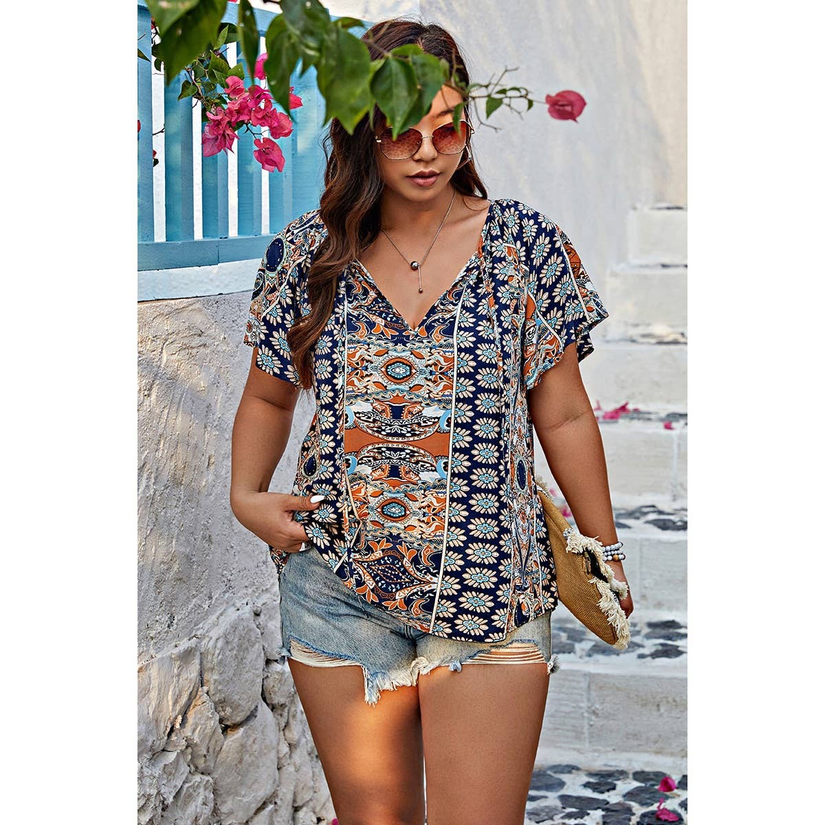 Plus Size Allover Printed Tie Front Short Sleeve Blouse: Navy / 0XL