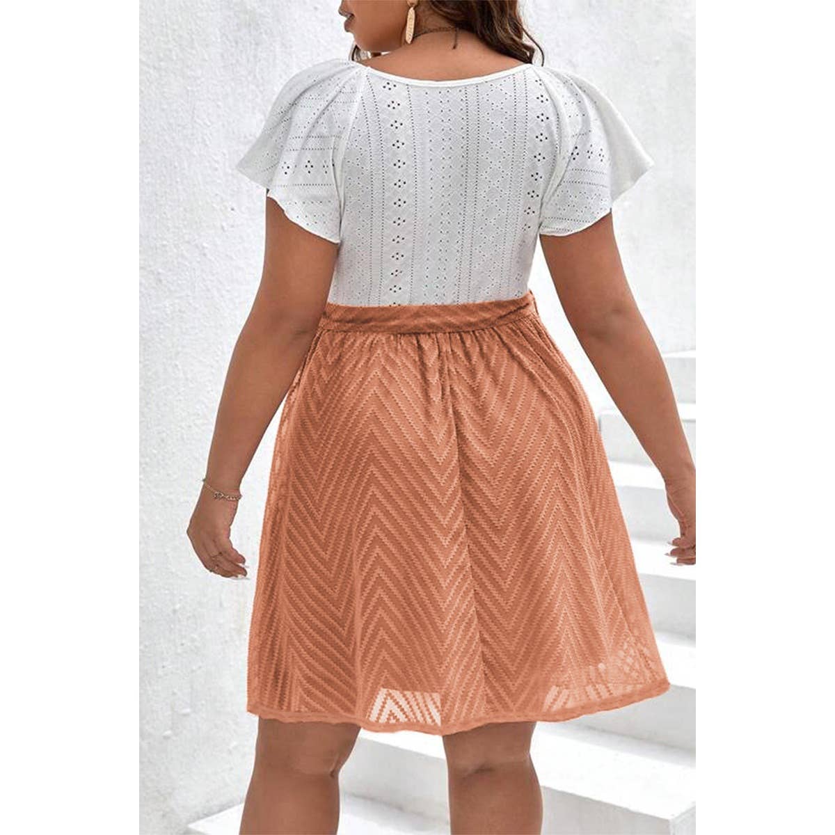 Square Neck Hollow Out Lined Lace Belt Short Dress: Pink / 0XL