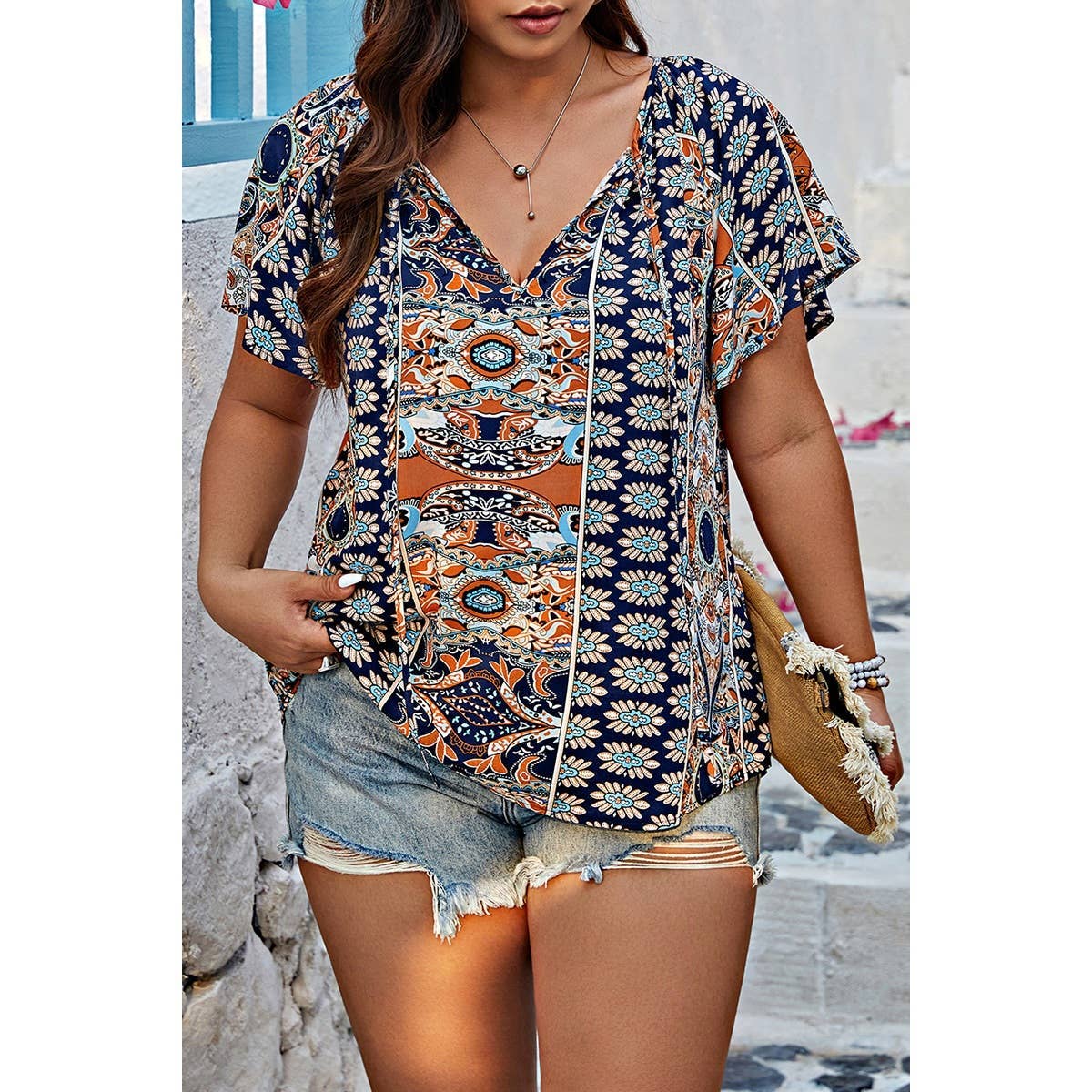 Plus Size Allover Printed Tie Front Short Sleeve Blouse: Navy / 0XL