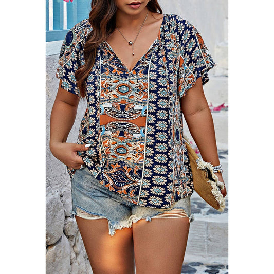 Plus Size Allover Printed Tie Front Short Sleeve Blouse: Navy / 0XL