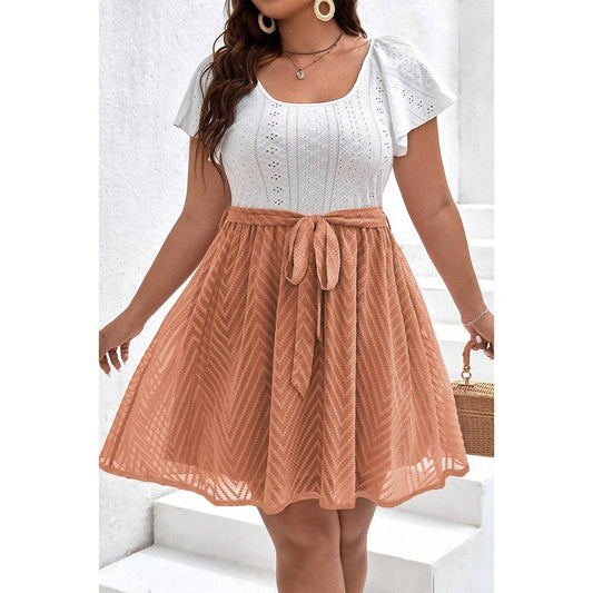 Square Neck Hollow Out Lined Lace Belt Short Dress: Pink / 2XL