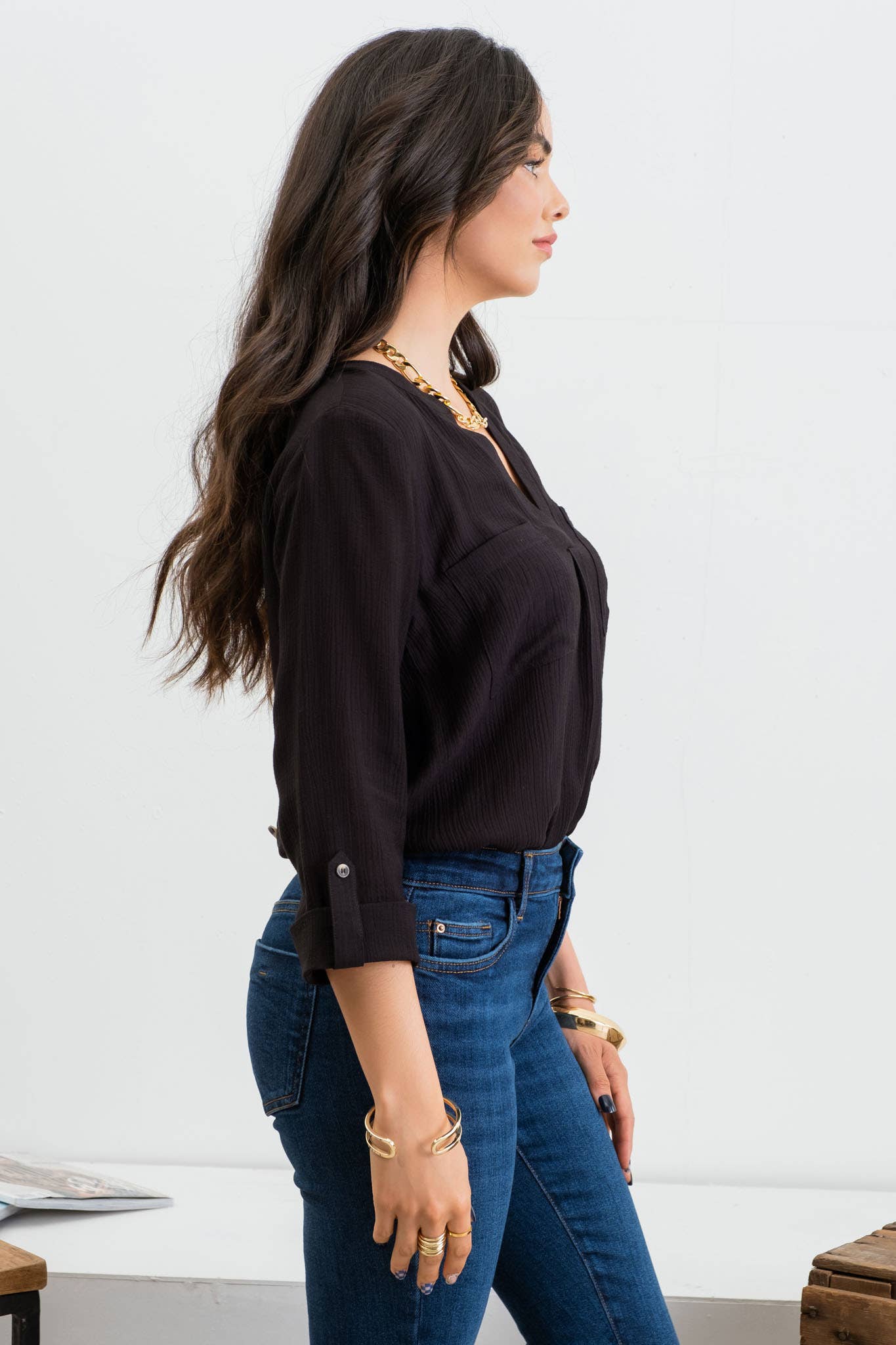 SPLIT NECK BACK BUTTON 3/4 TAB SLEEVE TOP: BLUSH