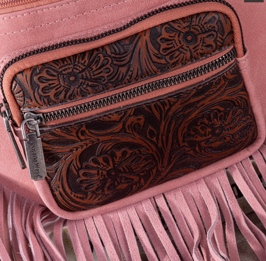 Pink fringe tooled fanny pack