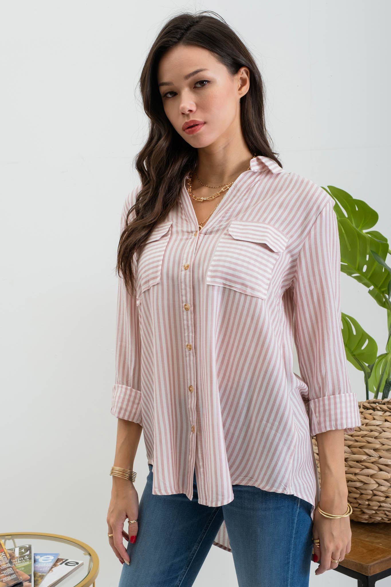 PLUS STRIPE COLLARED BUTTON DOWN