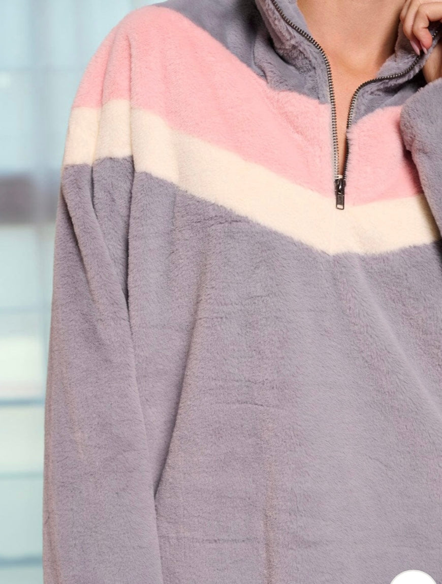 Colorblock Fleece Half-Zip Pullover – Grey, Pink & Cream