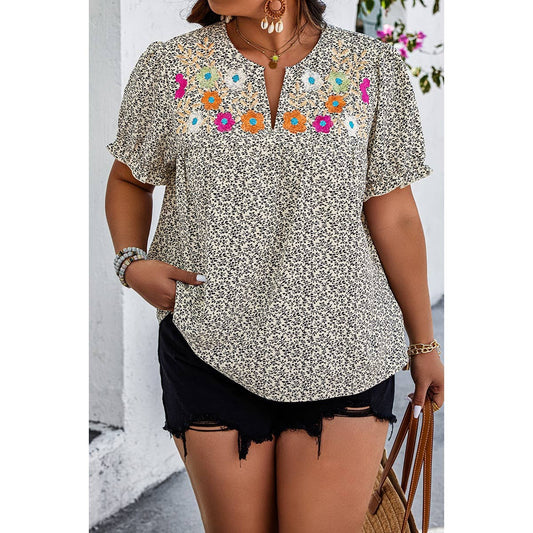 Plus Size Floral Print V-Neck Loose Fit Top: Black / 0XL