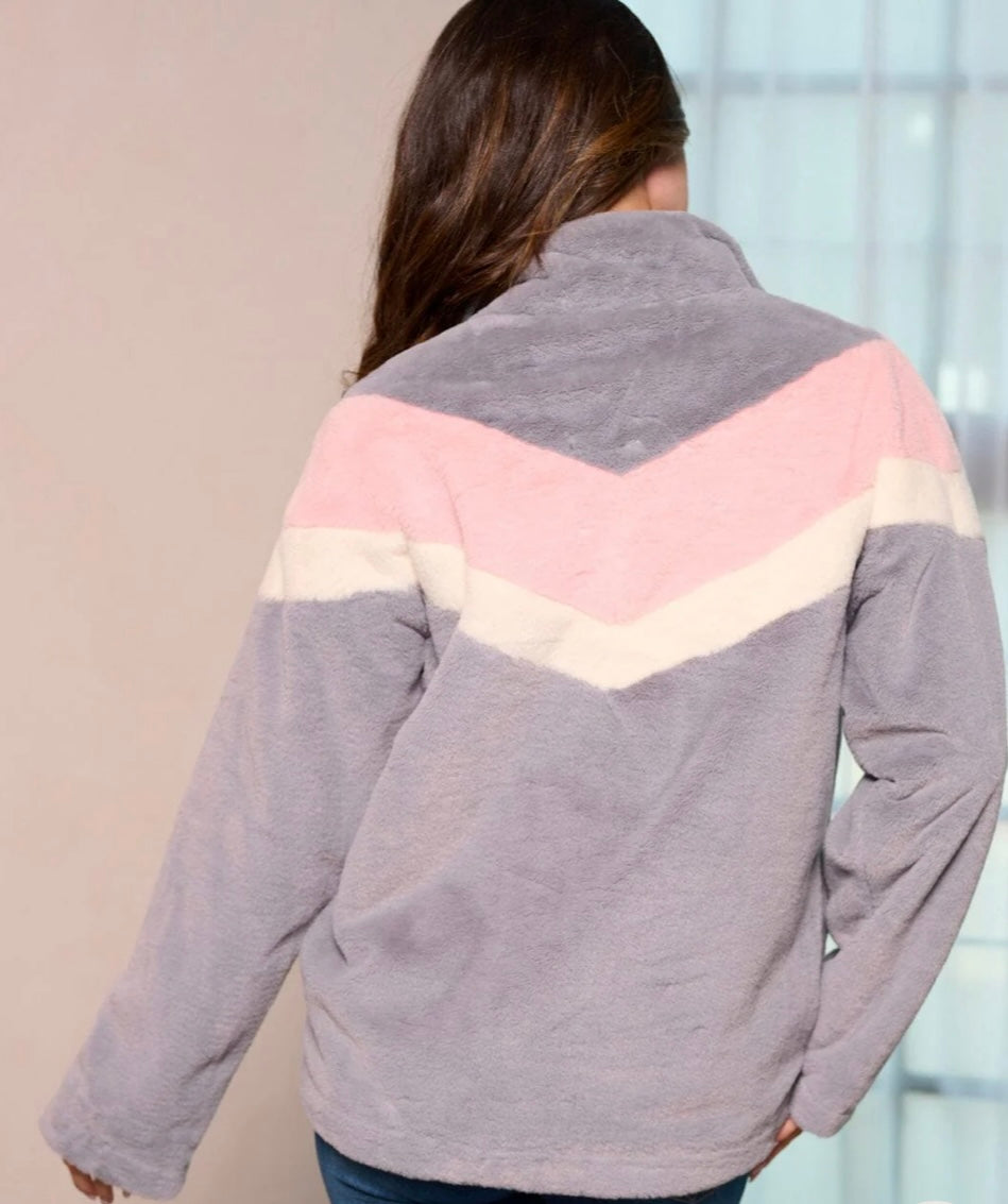 Colorblock Fleece Half-Zip Pullover – Grey, Pink & Cream