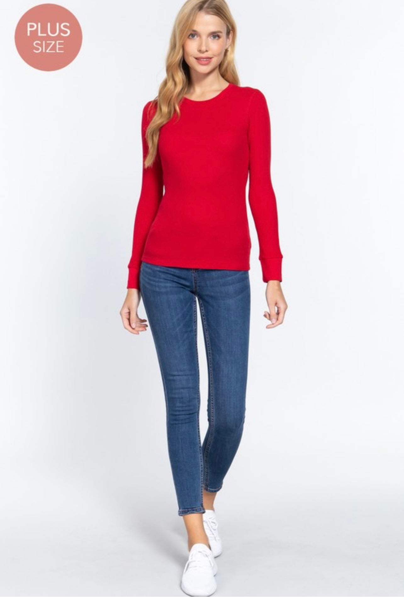 Curvy crew neck thermal knit top