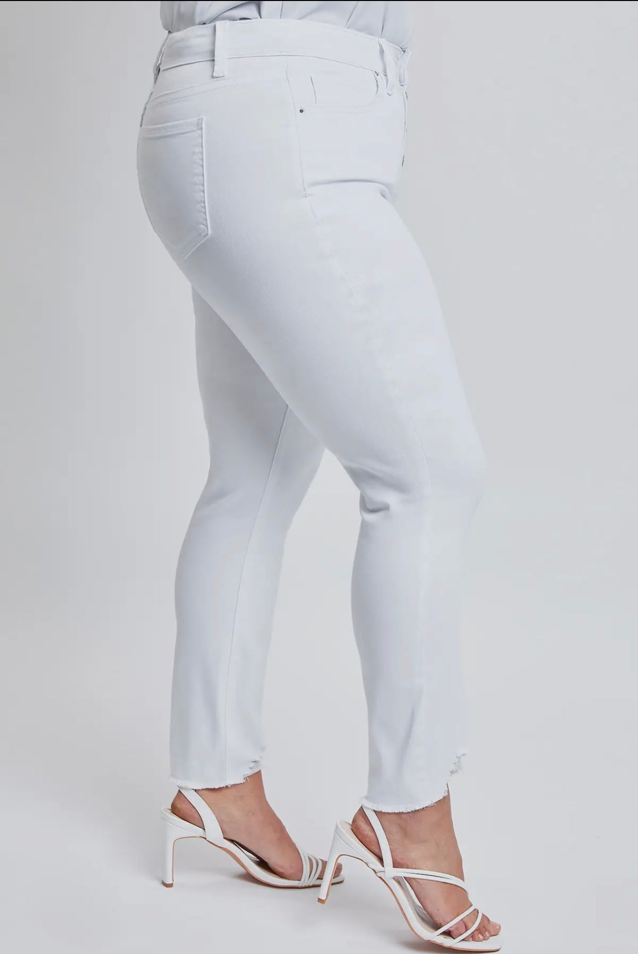 White Curvy YMI Jeans distressed button ups