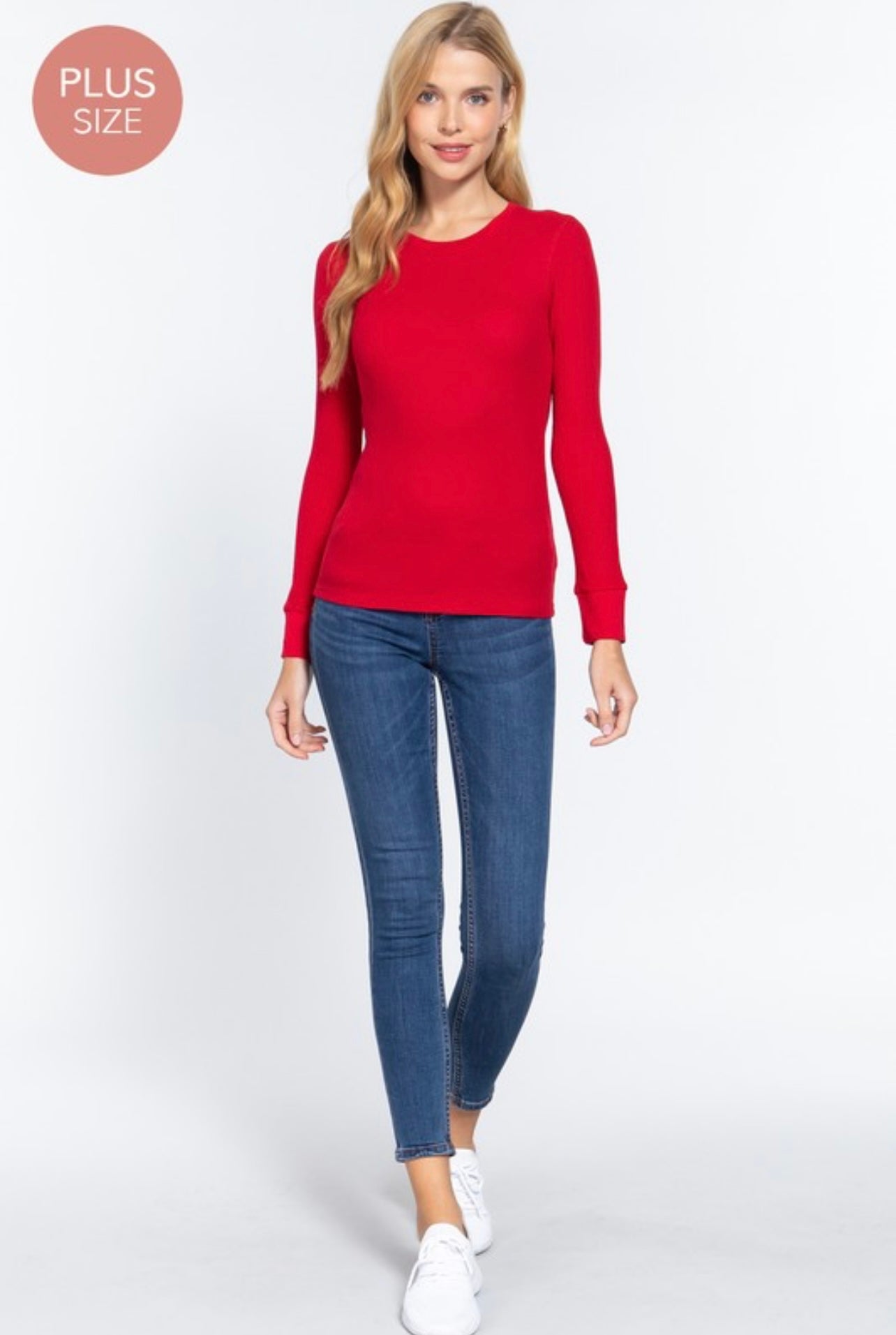 Curvy crew neck thermal knit top