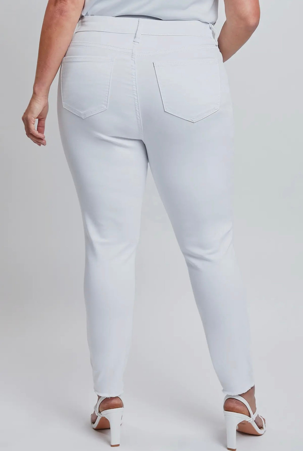 White Curvy YMI Jeans distressed button ups