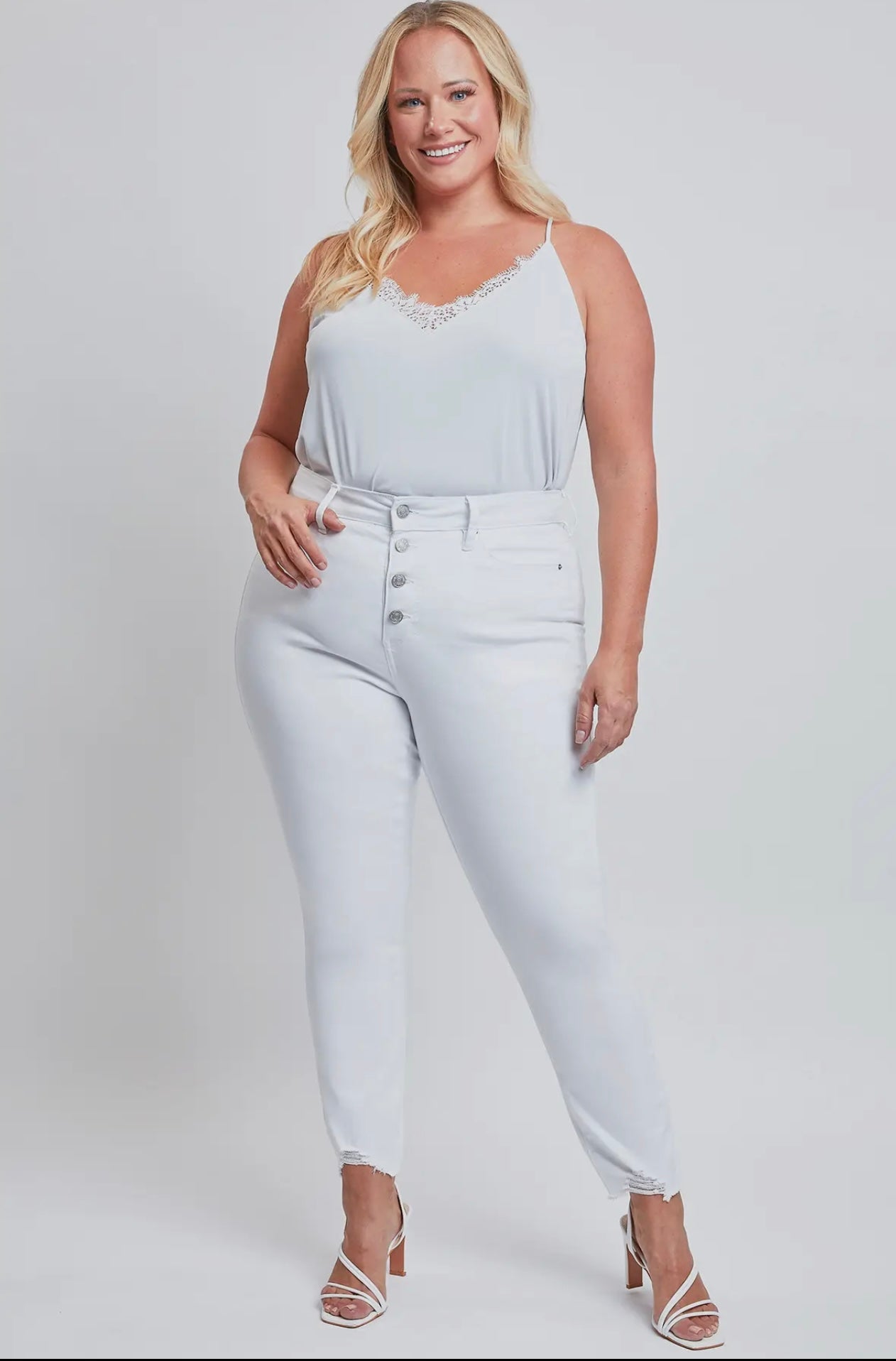 White Curvy YMI Jeans distressed button ups