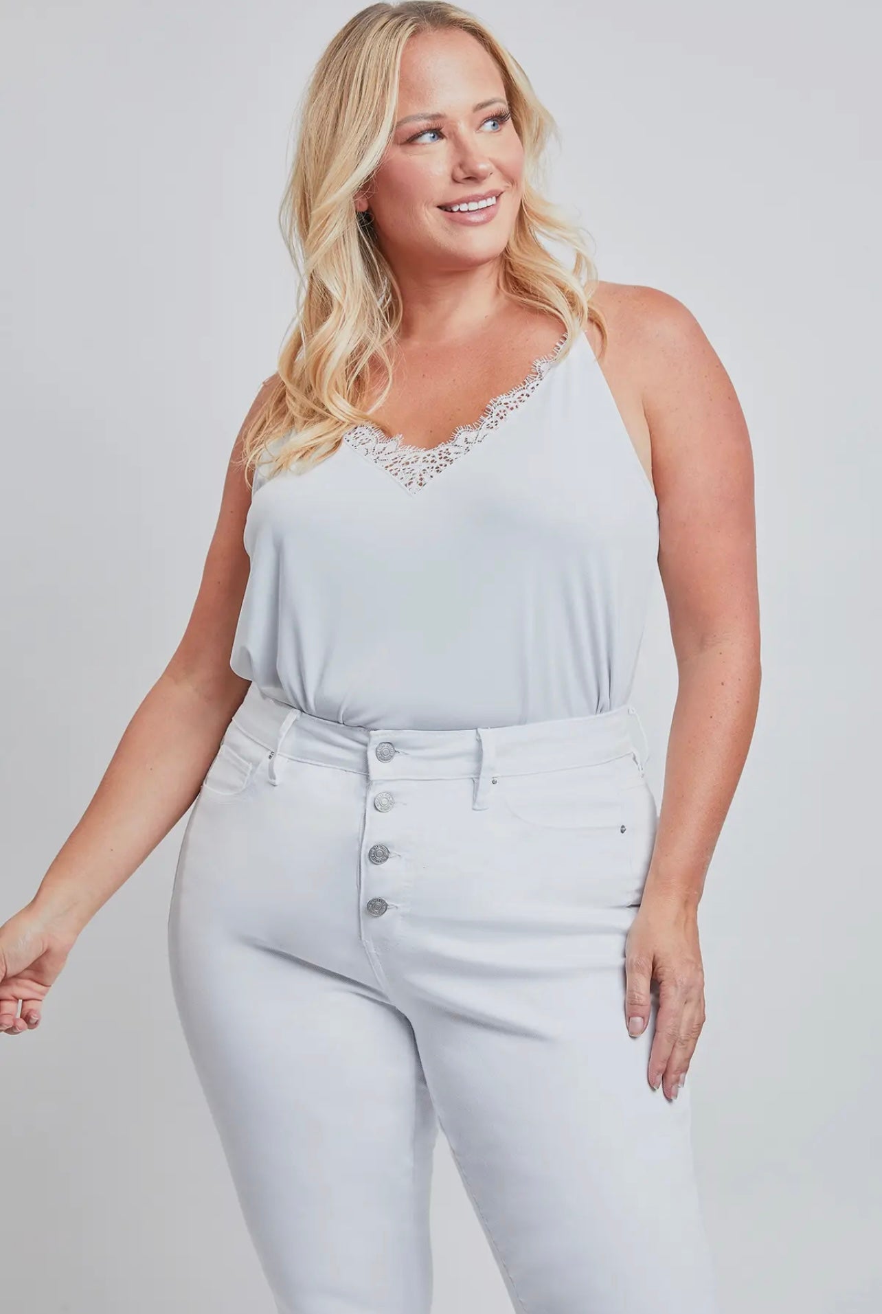 White Curvy YMI Jeans distressed button ups