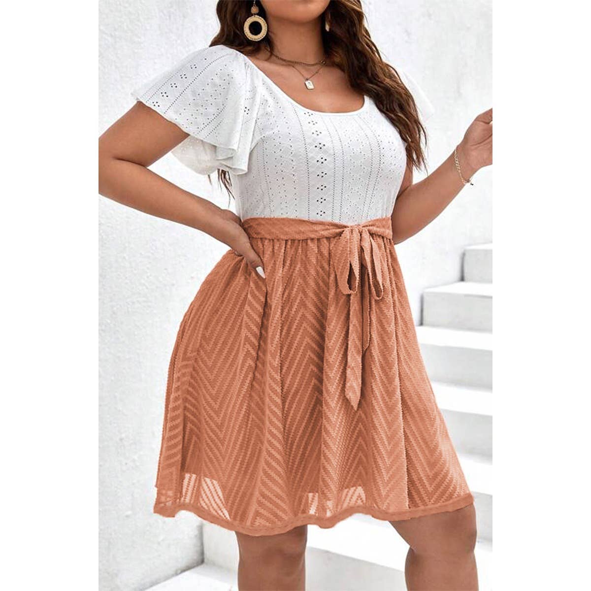 Square Neck Hollow Out Lined Lace Belt Short Dress: Pink / 1XL