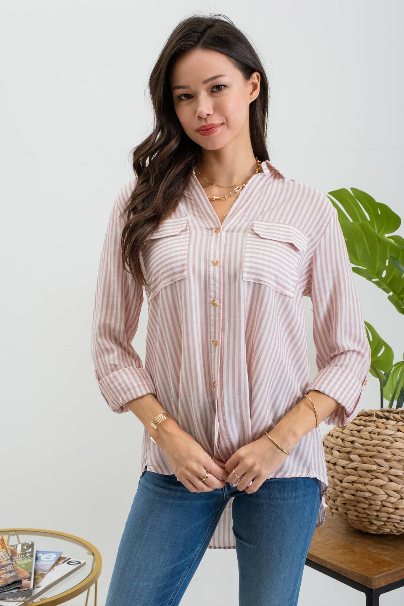 PLUS STRIPE COLLARED BUTTON DOWN