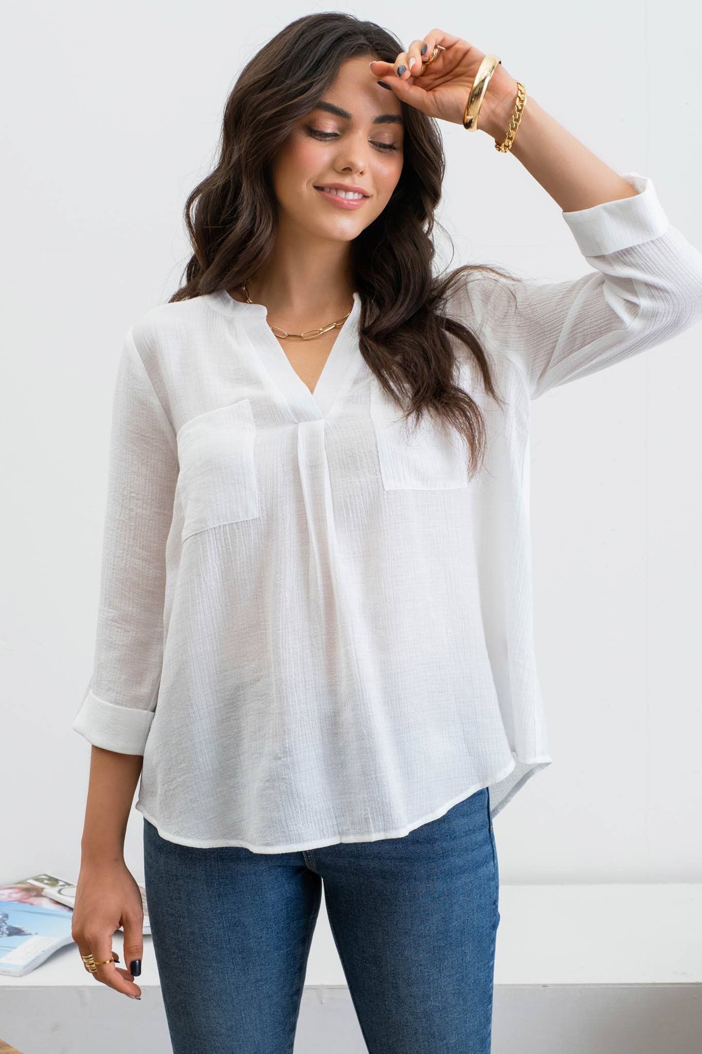 SPLIT NECK BACK BUTTON 3/4 TAB SLEEVE TOP: BLUSH